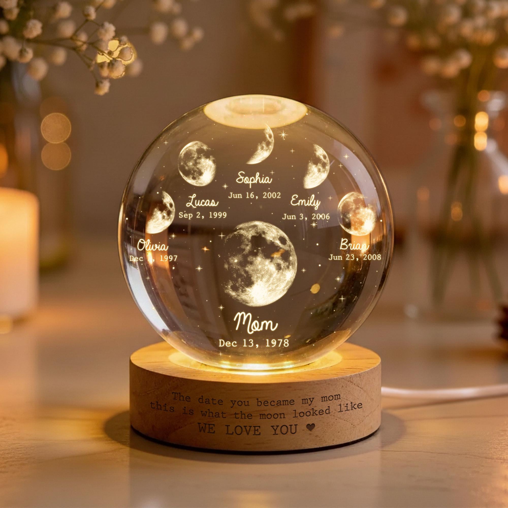 Personalized Moon Phase Crystal Ball LED Night Light – Mother's Day Gift