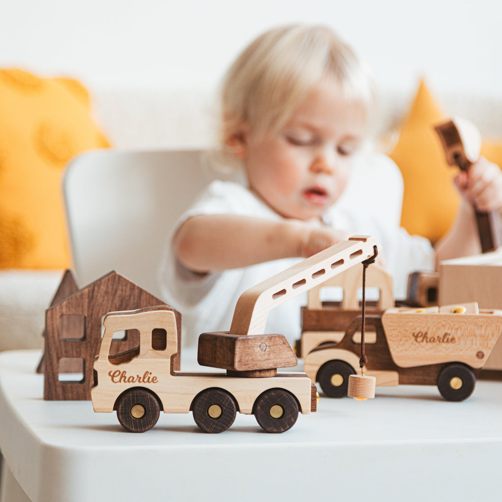 Toy Construction Excavator Handmade Wooden Construction Toy Vehicles Custom Baby Gifts Birthday Boy Gifts Kids Pretend Play First Christmas