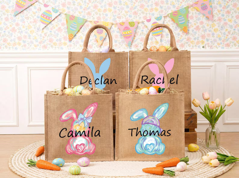 Personalized Easter Jute Tote Bag with Bunny Design – Kids Egg Hunt Carrier