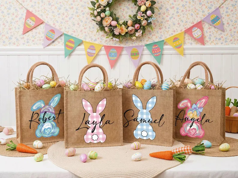 Personalized Easter Jute Tote Bag with Bunny Design – Kids Egg Hunt Carrier