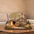 Easter He Is Risen 2D Wooden Sign – Resurrection Empty Tomb Scene