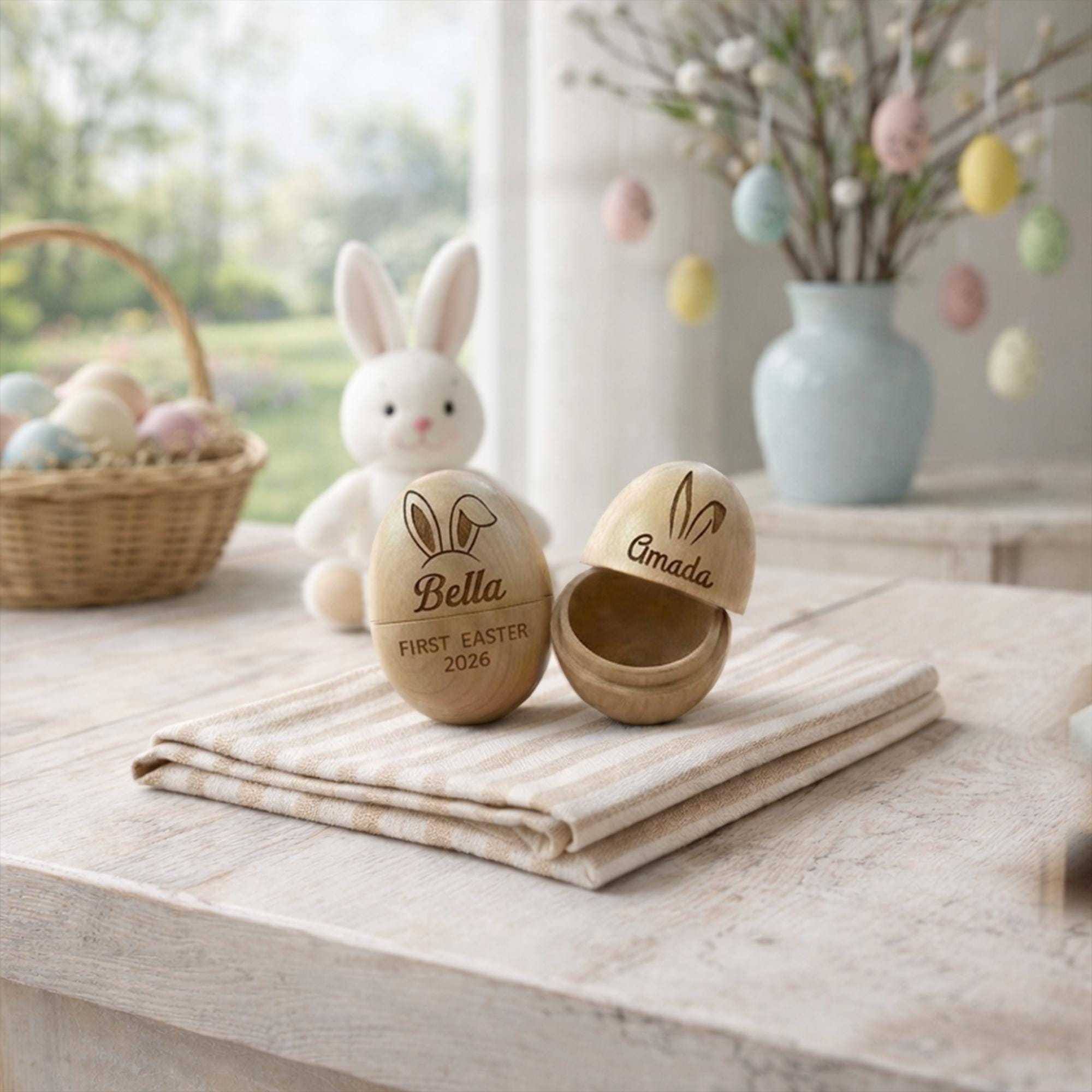 Personalized Wooden Easter Egg - Custom Name & Year, Baby Girl Easter Gift, Modern Keepsake Basket for Kids