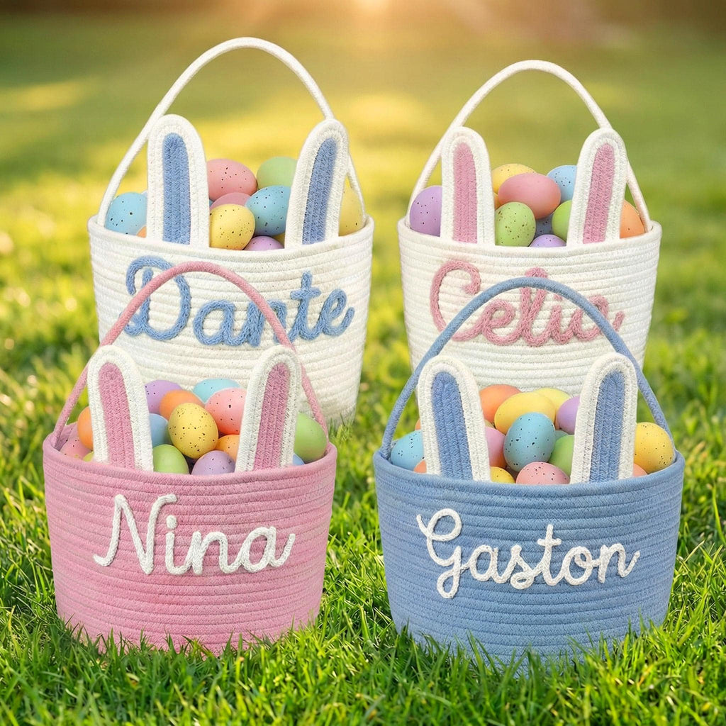 Personalized Easter Bunny Basket with Name – Cotton Rope Easter Basket for Kids, Easter Egg Hunt Gift
