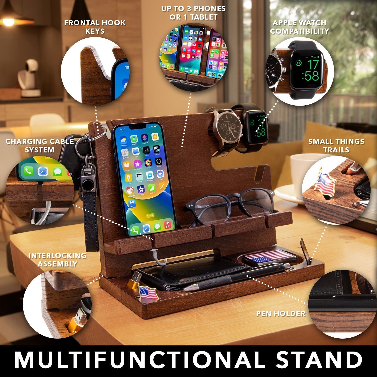 Wood Personalized Docking Station for Cell Phone, Tablet, Wallet, Gadgets, Watch, Keys, Accessories, Desk Organizer, Gifts for Men (Moroon)