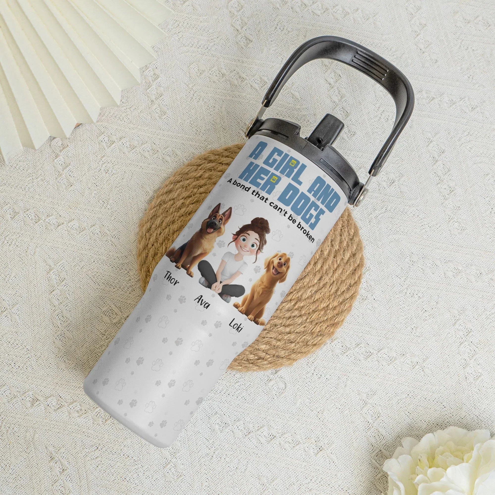A Girl & Her Dogs With Unbreakable Bond - Personalized 30oz Tumbler With Handle