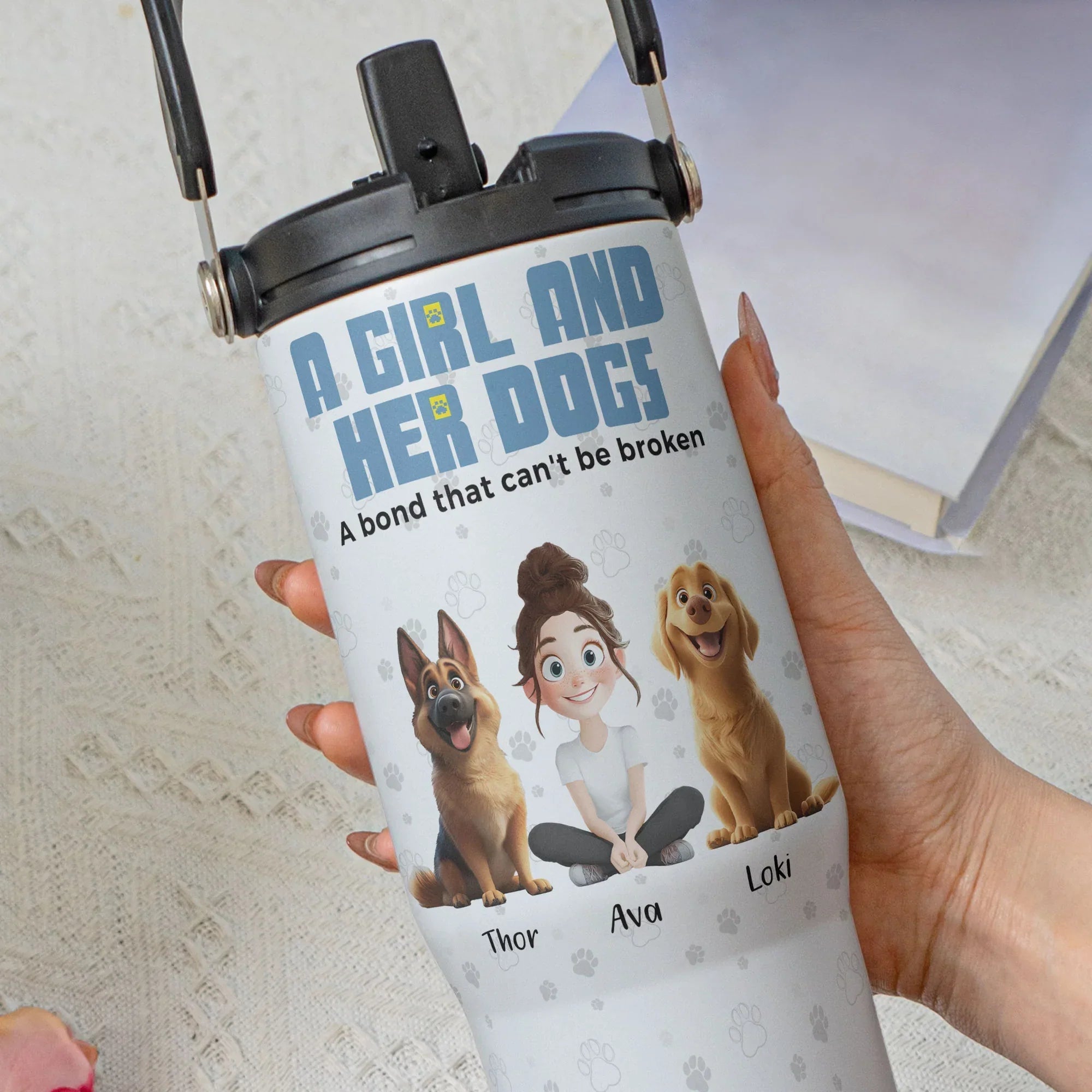 A Girl & Her Dogs With Unbreakable Bond - Personalized 30oz Tumbler With Handle