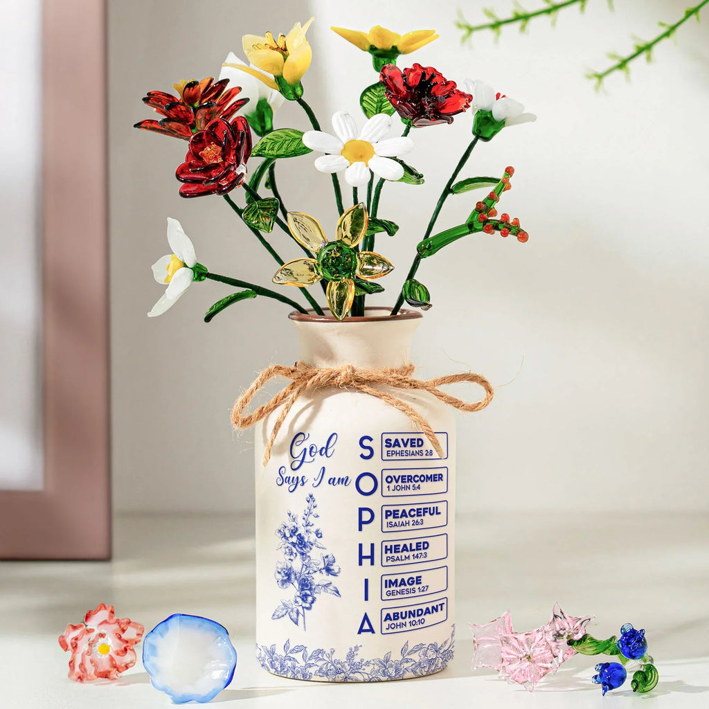 God Says I Am Name Letter In Bible - Personalized Vase With Glass Birth Month Flowers