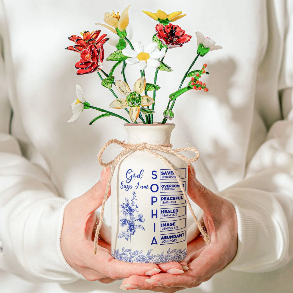 God Says I Am Name Letter In Bible - Personalized Vase With Glass Birth Month Flowers