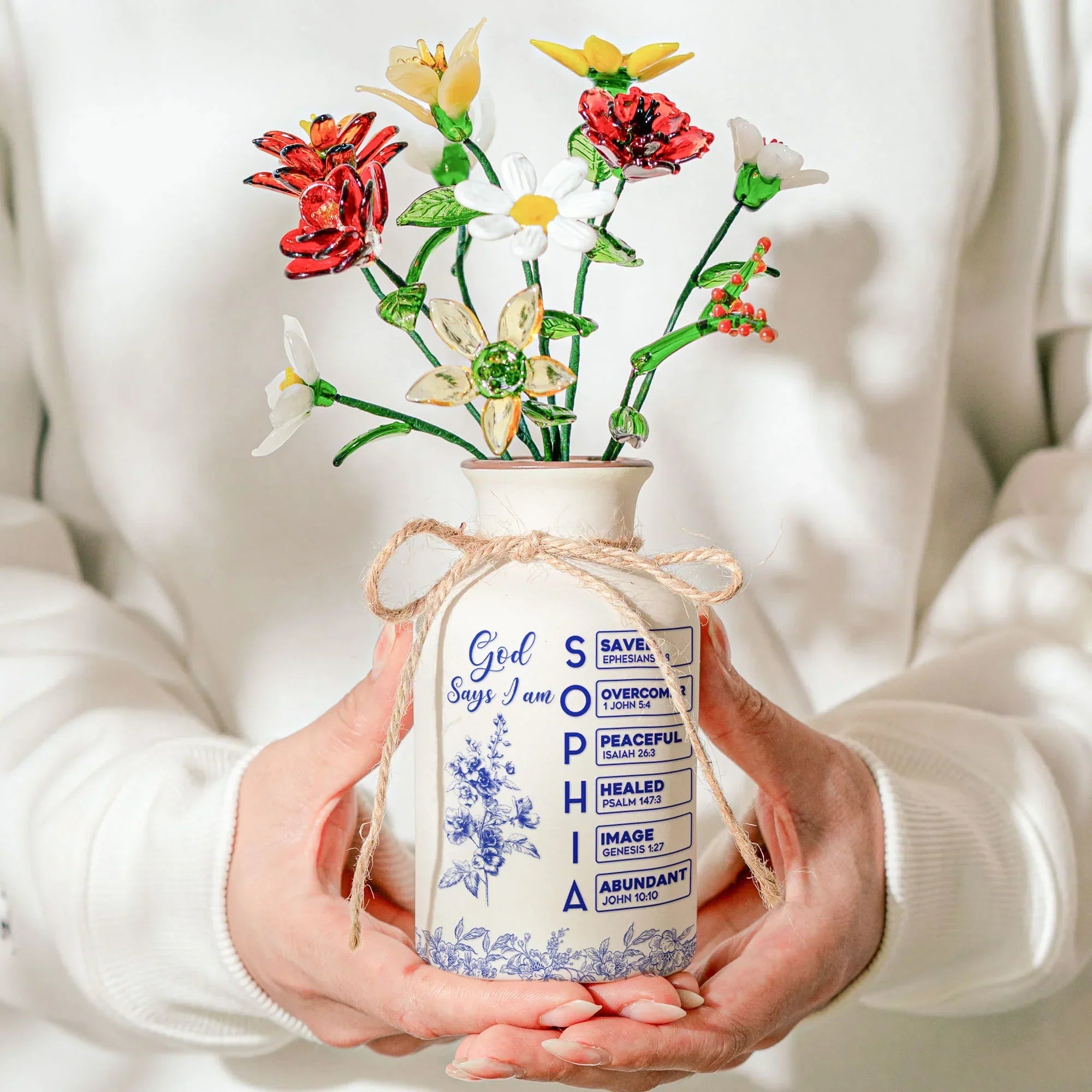 God Says I Am Name Letter In Bible - Personalized Vase With Glass Birth Month Flowers