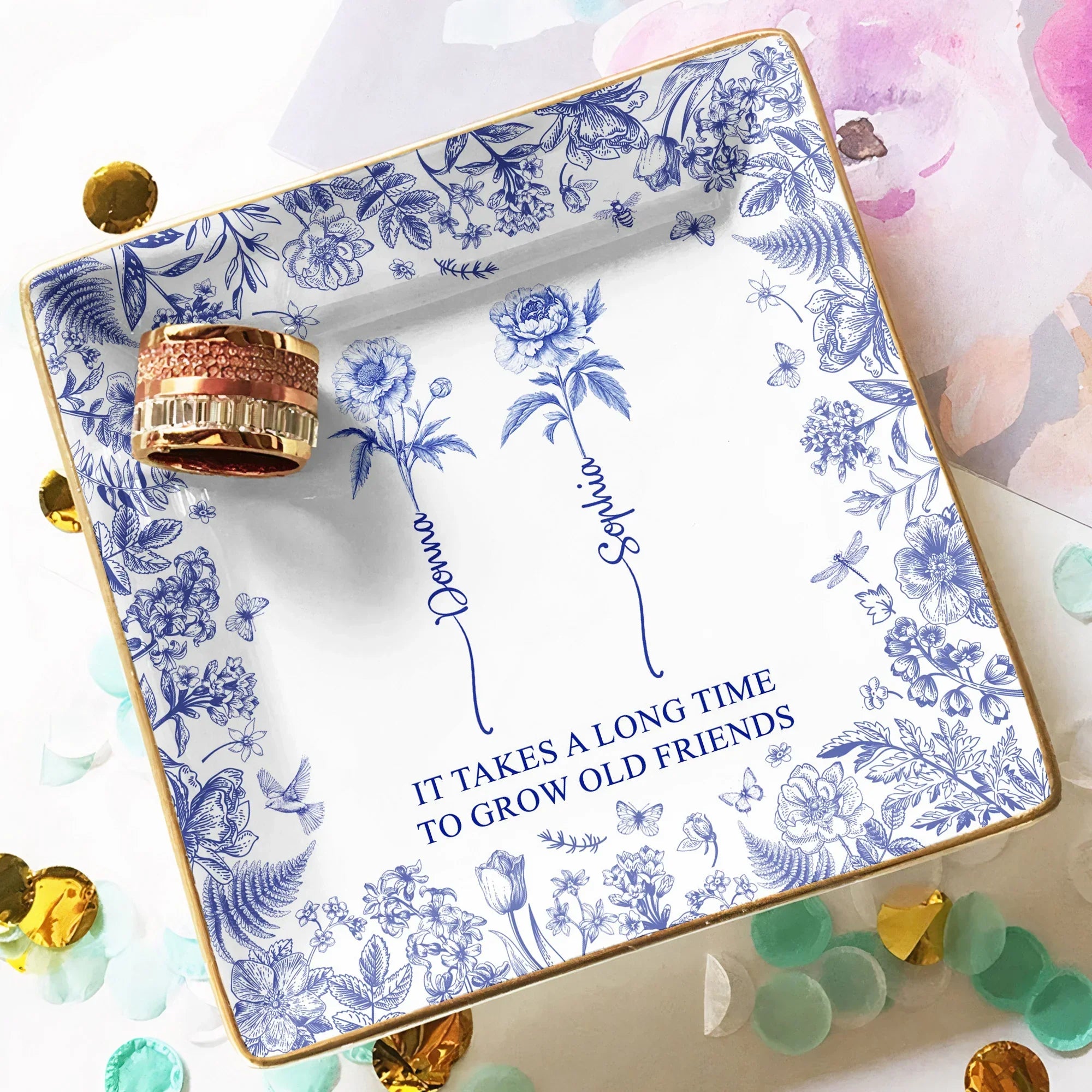 It Takes A Long Time To Grow An Old Friend, Bestie Toile De Jouy - Personalized Jewelry Dish, Gift For Friend