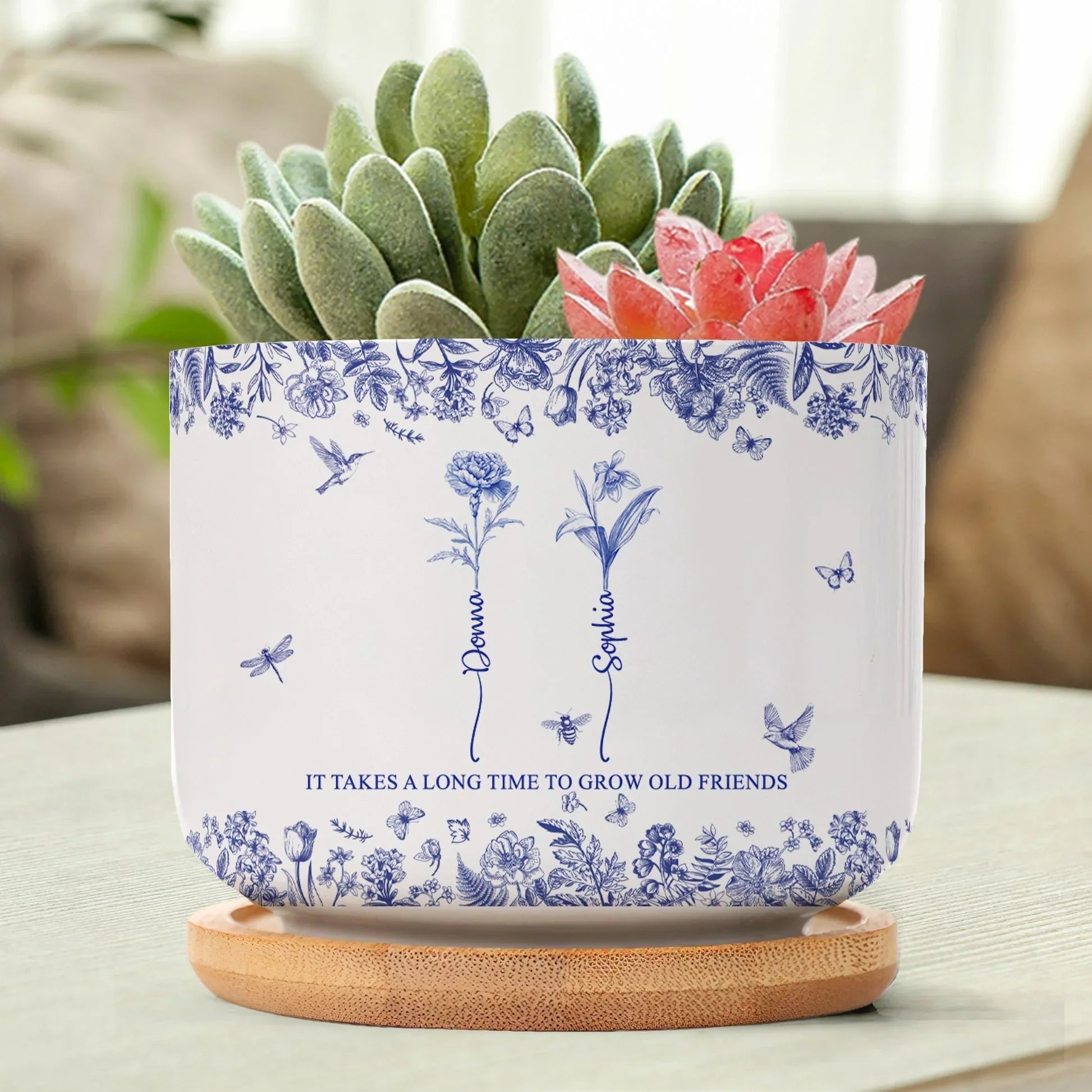 Custom Ceramic Flower Pot for Best Friends – 'It Takes a Long Time to Grow Old Friends' Quote with Name & Floral Design