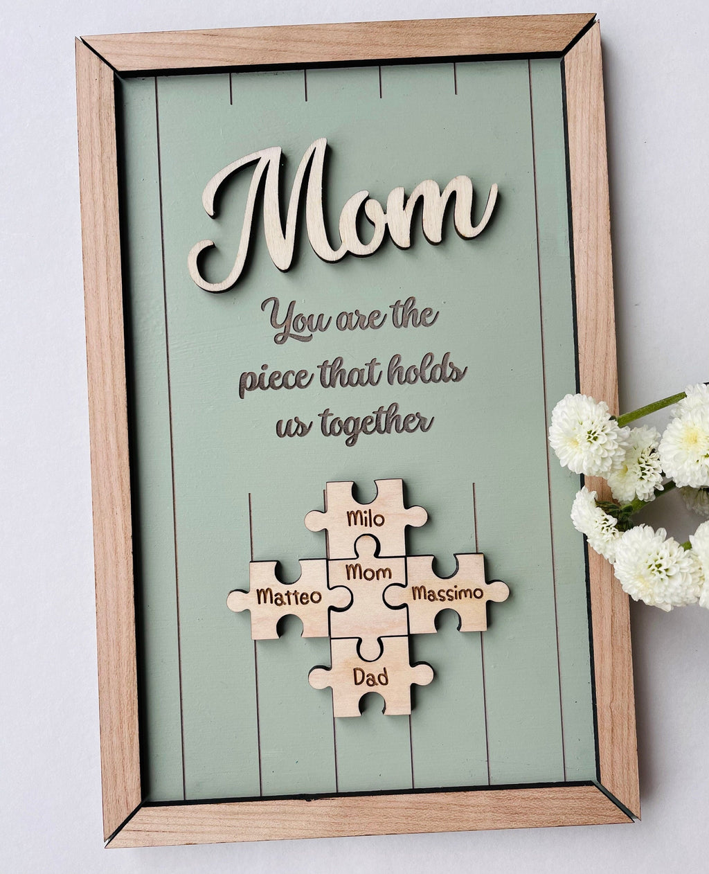 Mom Puzzle Sign, Mother's Day Gift, Custom Engraved Wood Sign, Piece That Holds Us Together, Grandma Gift, Personalized