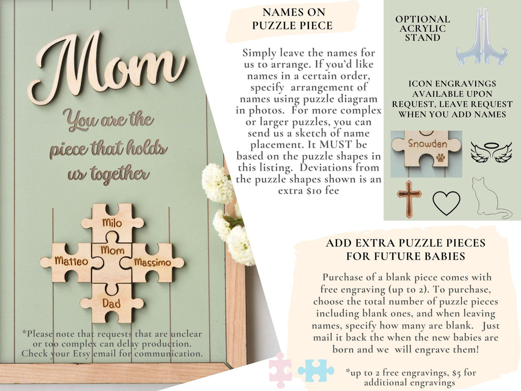 Mom Puzzle Sign, Mother's Day Gift, Custom Engraved Wood Sign, Piece That Holds Us Together, Grandma Gift, Personalized