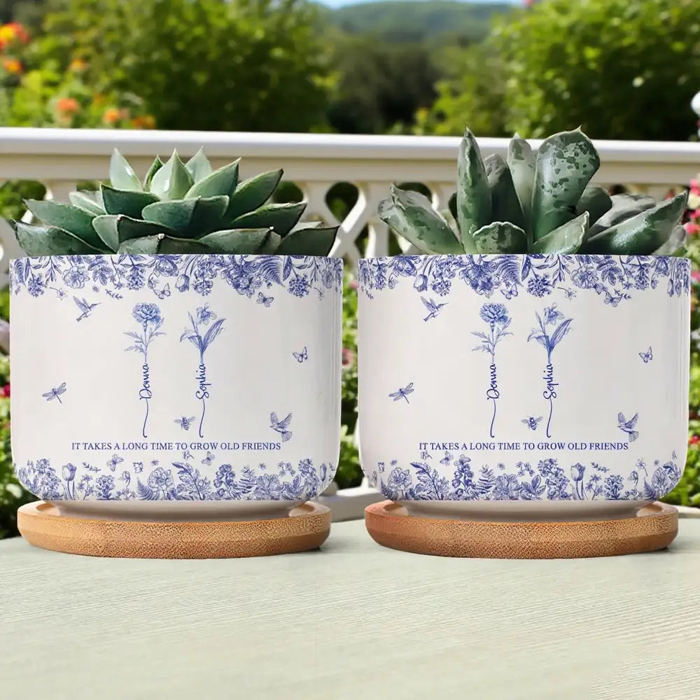 Custom Ceramic Flower Pot for Best Friends – 'It Takes a Long Time to Grow Old Friends' Quote with Name & Floral Design