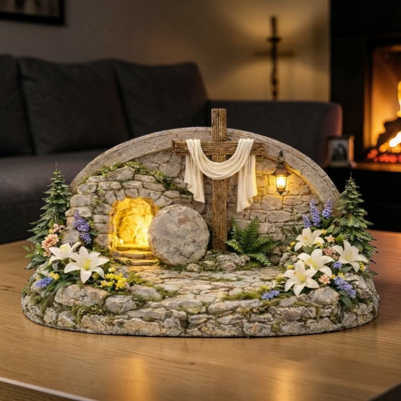Easter Empty Tomb Resurrection 2D Figurine – Lighted Stone Grave Christian Decor