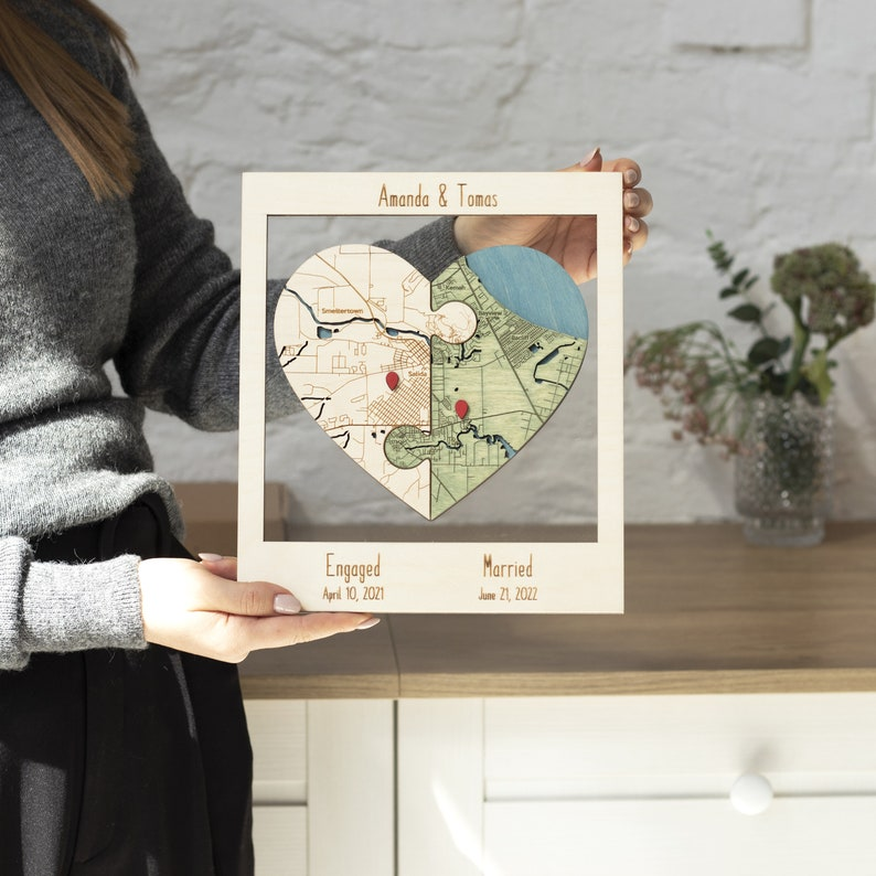 Newly Wed Gifts, Two Locations Heart Puzzle Map Wooden Framed Wall Art, Personalized Wedding Gifts for Couple, 5th Anniversary Gift for Wife