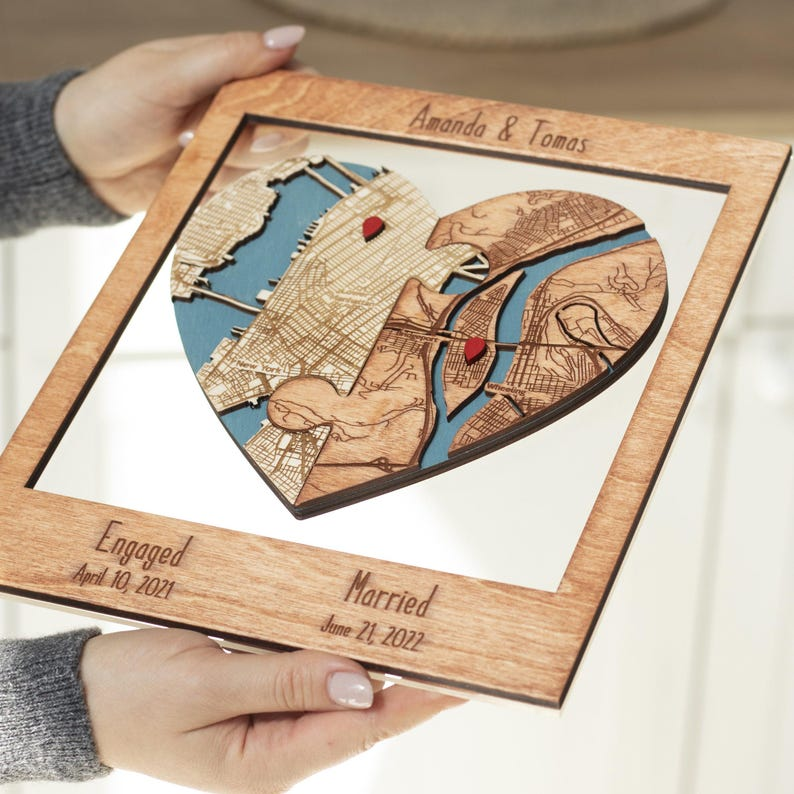 Newly Wed Gifts, Two Locations Heart Puzzle Map Wooden Framed Wall Art, Personalized Wedding Gifts for Couple, 5th Anniversary Gift for Wife