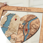 Newly Wed Gifts, Two Locations Heart Puzzle Map Wooden Framed Wall Art, Personalized Wedding Gifts for Couple, 5th Anniversary Gift for Wife