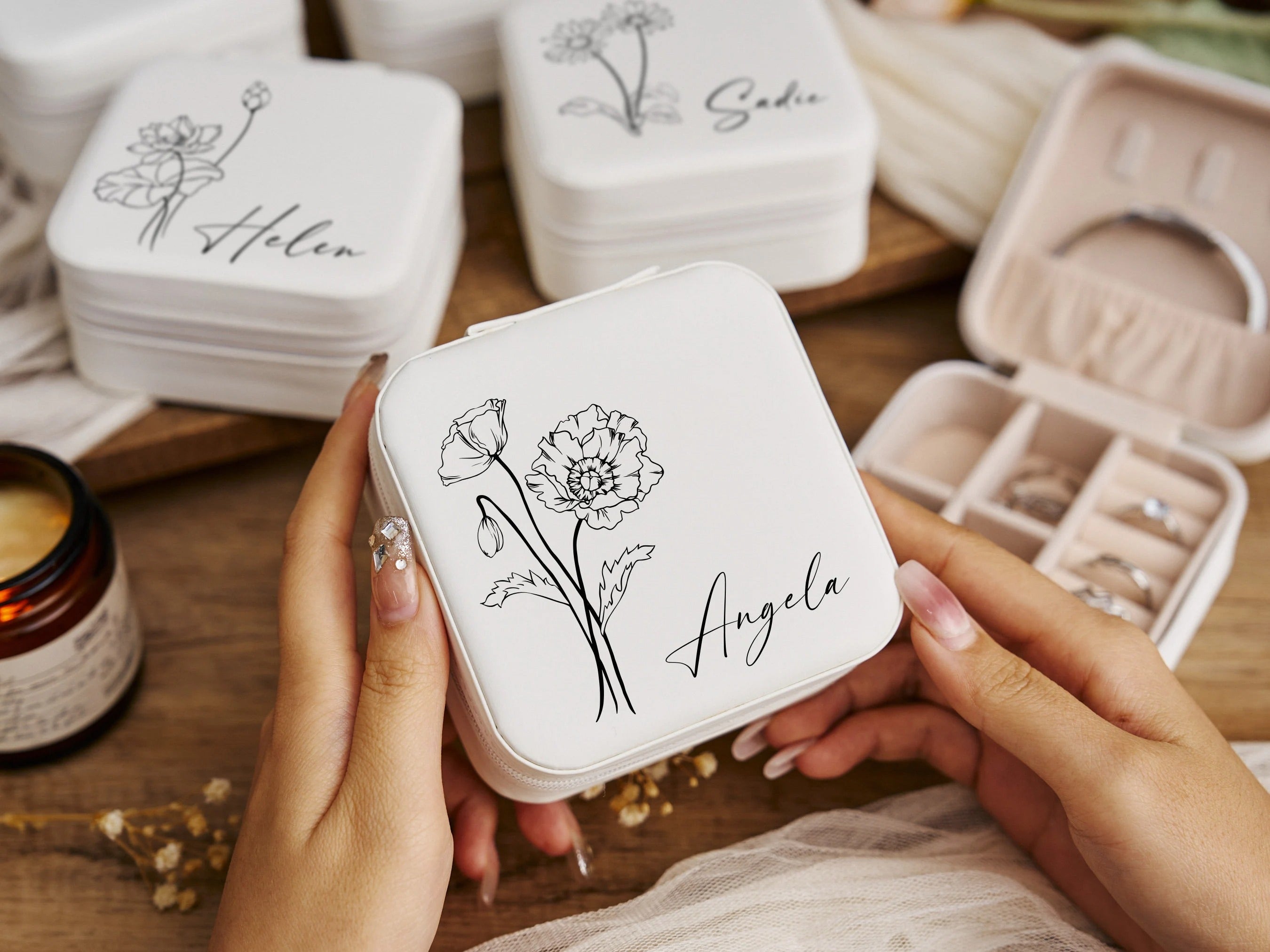 Personalized travel jewelry box, small square earring organizer, bridesmaid gifts box for sister, friend