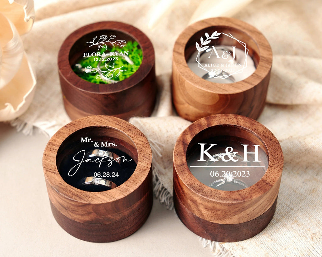 Custom Wooden Wedding Ceremony Round Ring Box, Clear Acrylic Cover, Personalized Engraved Engagement Proposal Holder, Bridal Gift For Her