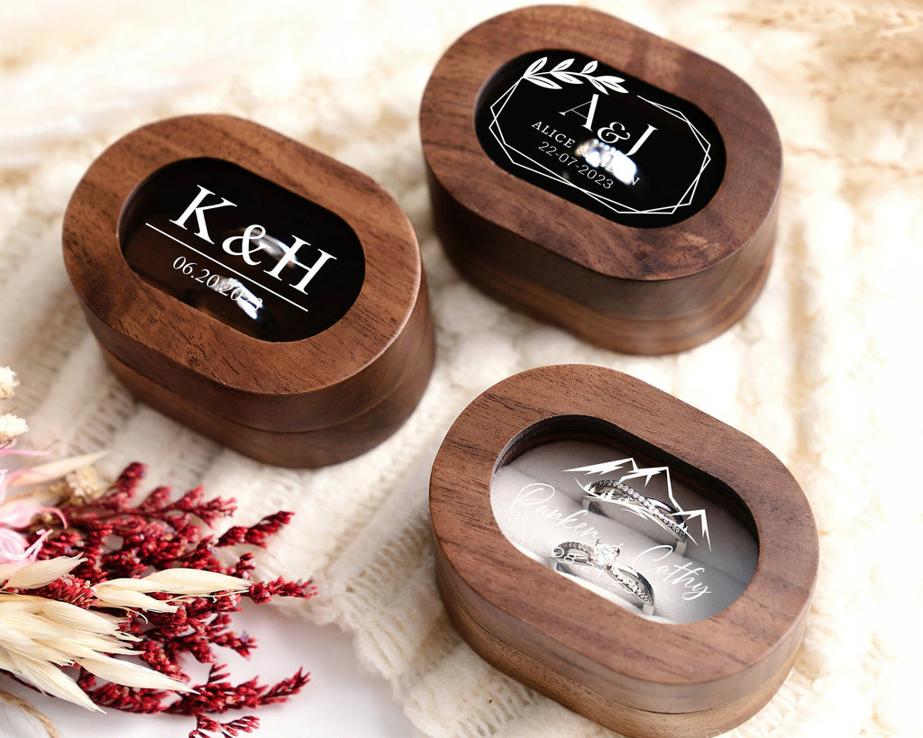 Custom Wooden Wedding Ceremony Ring Box, Clear Acrylic Cover, Personalized Engraved Engagement Proposal Holder, Bridal Gift For Her