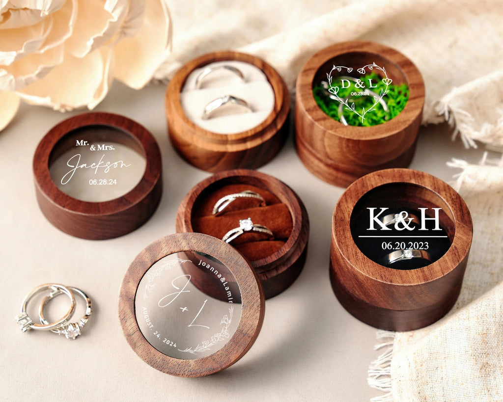 Custom Wooden Wedding Ceremony Round Ring Box, Clear Acrylic Cover, Personalized Engraved Engagement Proposal Holder, Bridal Gift For Her