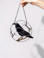 Stained Glass Black Raven Suncatcher: Gothic Window Hanging Art