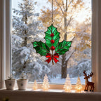 Stained Glass Holly Leaf Ornament – Festive Christmas Decoration,winter holiday suncatcher,Christmas gift,Stained Glass Holiday Decoration