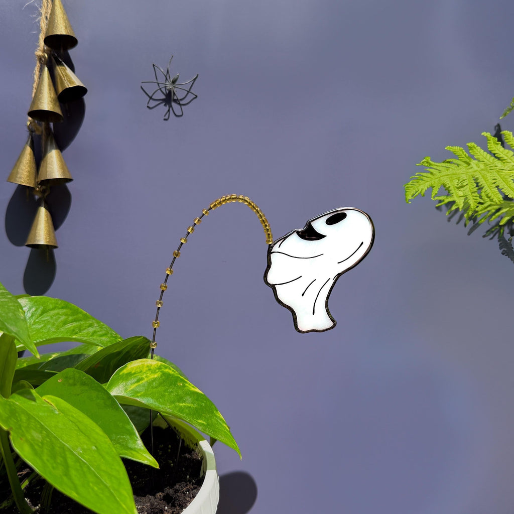 Whimsical Peeing Ghost Plant Stake. Handmade Stained Glass Halloween Decor for Indoor Plants, Gardens or Spooky Fall Gifts.