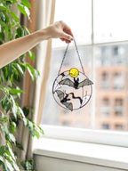 Stained Glass Bat Suncatcher – Halloween Window Hanging Decor, Gothic Moon, Spooky Gift, Flying Bats Wall Art