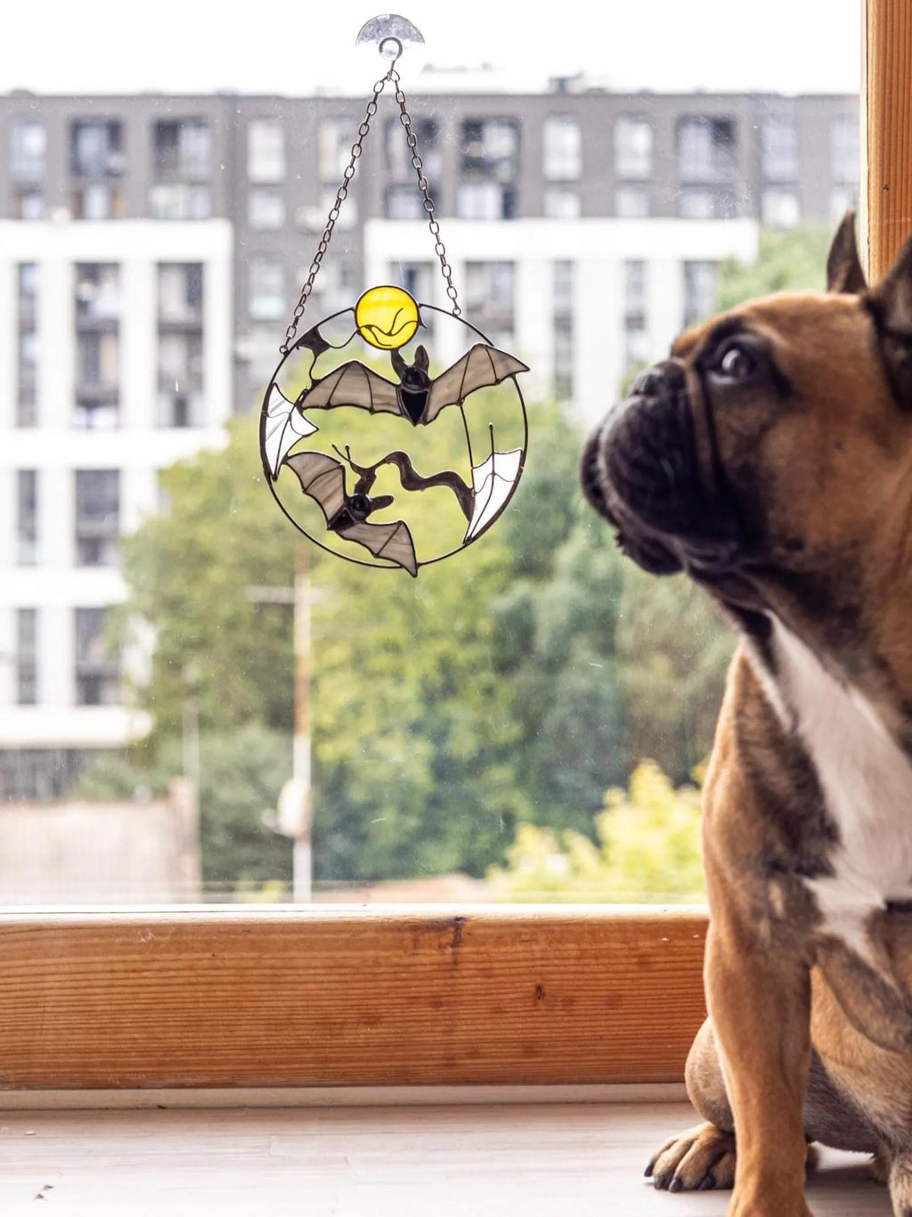 Stained Glass Bat Suncatcher – Halloween Window Hanging Decor, Gothic Moon, Spooky Gift, Flying Bats Wall Art