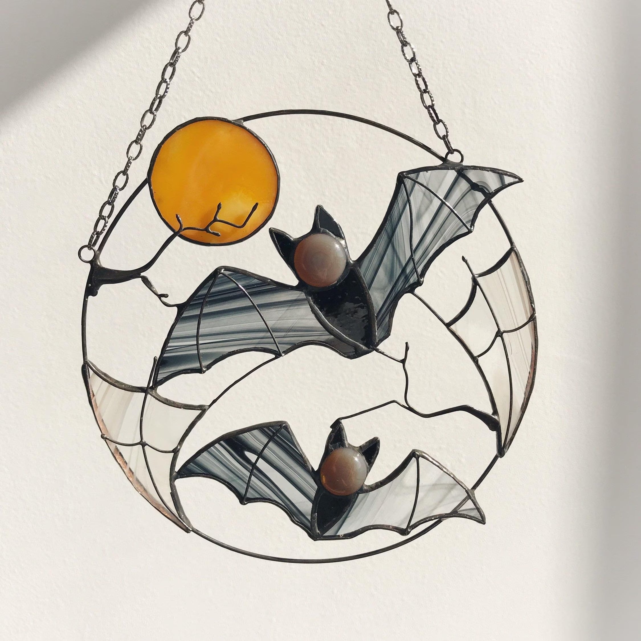 Gothic Suncatcher Bat Moon Halloween Stain Glass ORIGINAL Horror Picture Home Decor Spooky Window Wall Hanging Dark Cling Witch gift