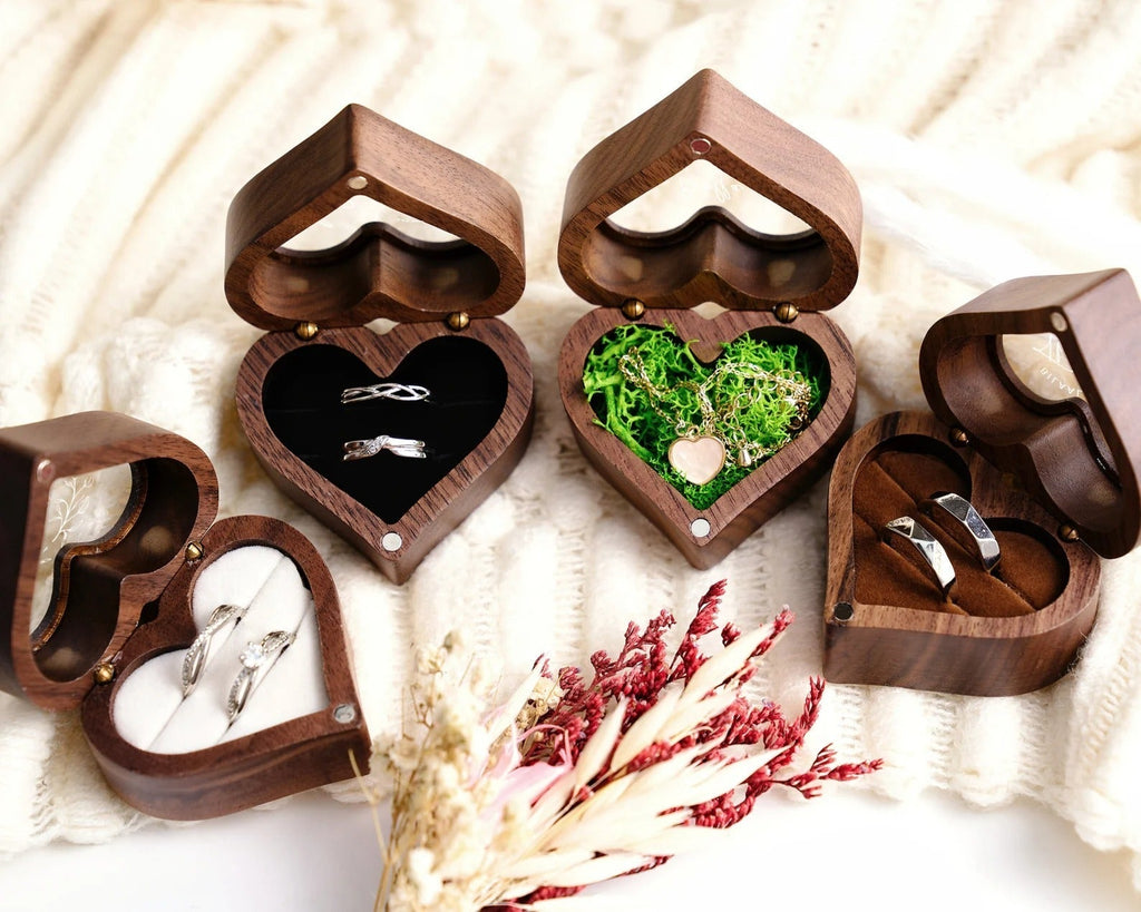 Personalized Wood Ring Box with Acrylic Lid, Engraved Engagement Ring Holder, Heart Ring Bearer Box for Anniversary, Custom Wedding Keepsake