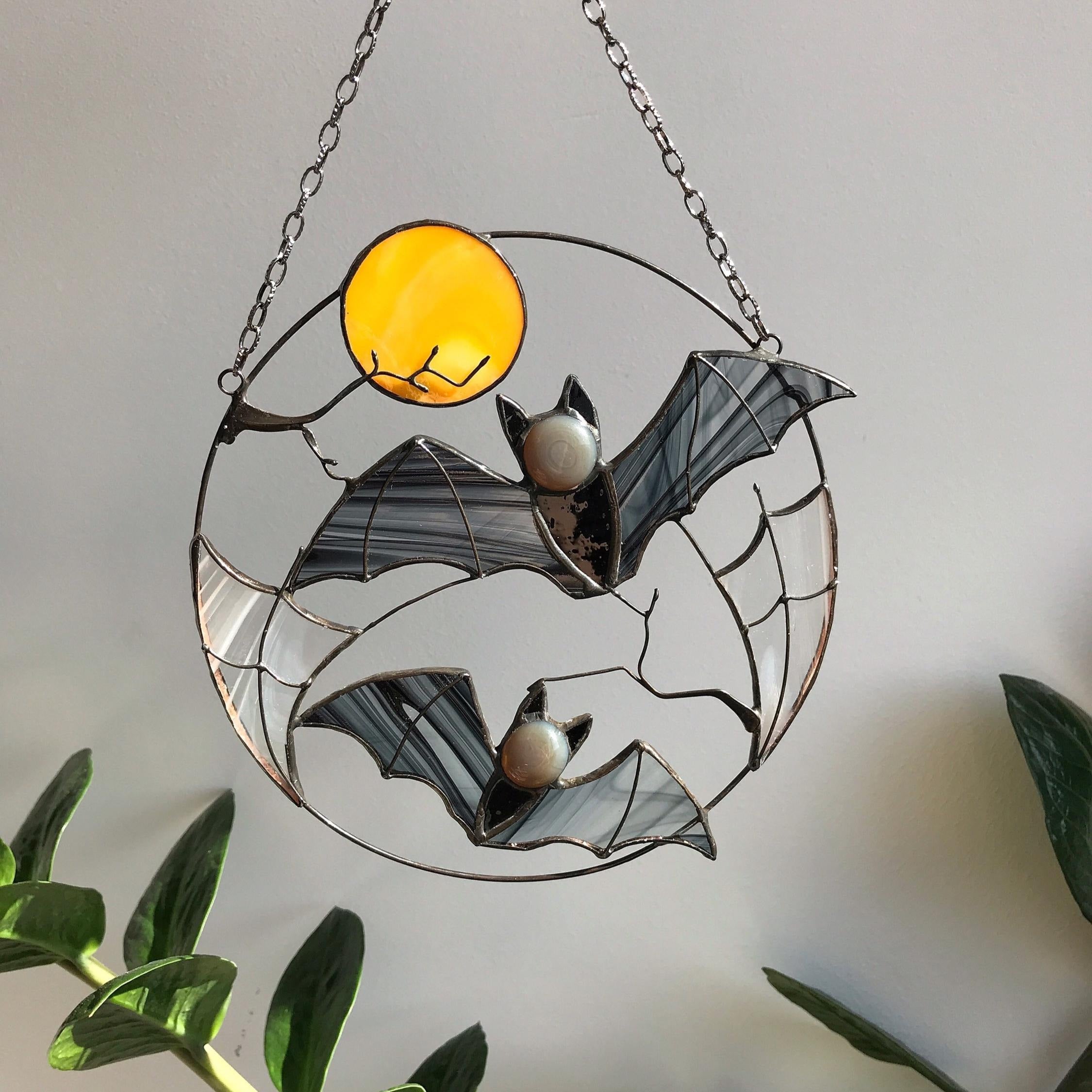 Gothic Suncatcher Bat Moon Halloween Stain Glass ORIGINAL Horror Picture Home Decor Spooky Window Wall Hanging Dark Cling Witch gift
