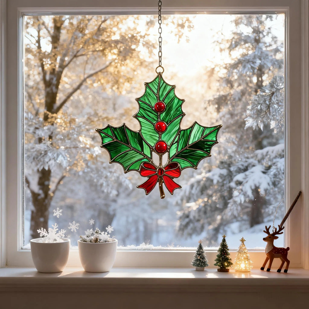 Stained Glass Holly Leaf Ornament – Festive Christmas Decoration,winter holiday suncatcher,Christmas gift,Stained Glass Holiday Decoration