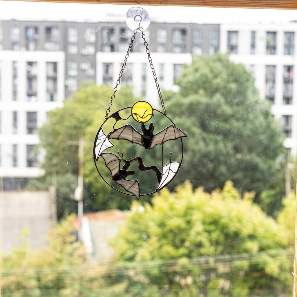 Gothic Suncatcher Bat Moon Halloween Stain Glass ORIGINAL Horror Picture Home Decor Spooky Window Wall Hanging Dark Cling Witch gift