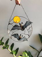 Stained Glass Bat Suncatcher – Halloween Window Hanging Decor, Gothic Moon, Spooky Gift, Flying Bats Wall Art