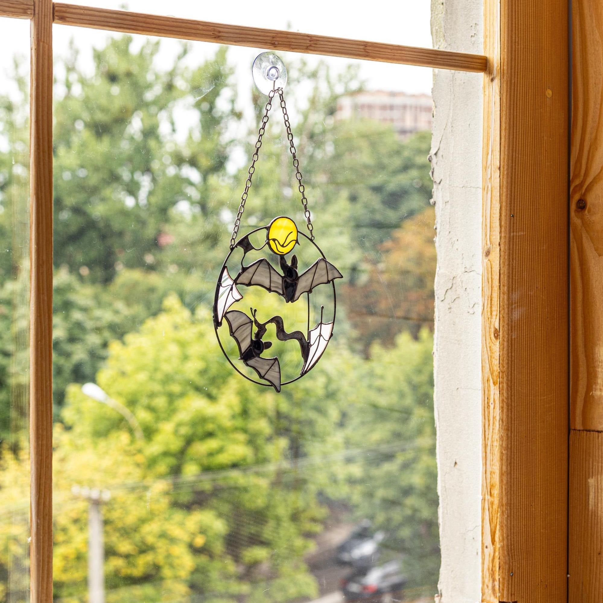 Gothic Suncatcher Bat Moon Halloween Stain Glass ORIGINAL Horror Picture Home Decor Spooky Window Wall Hanging Dark Cling Witch gift