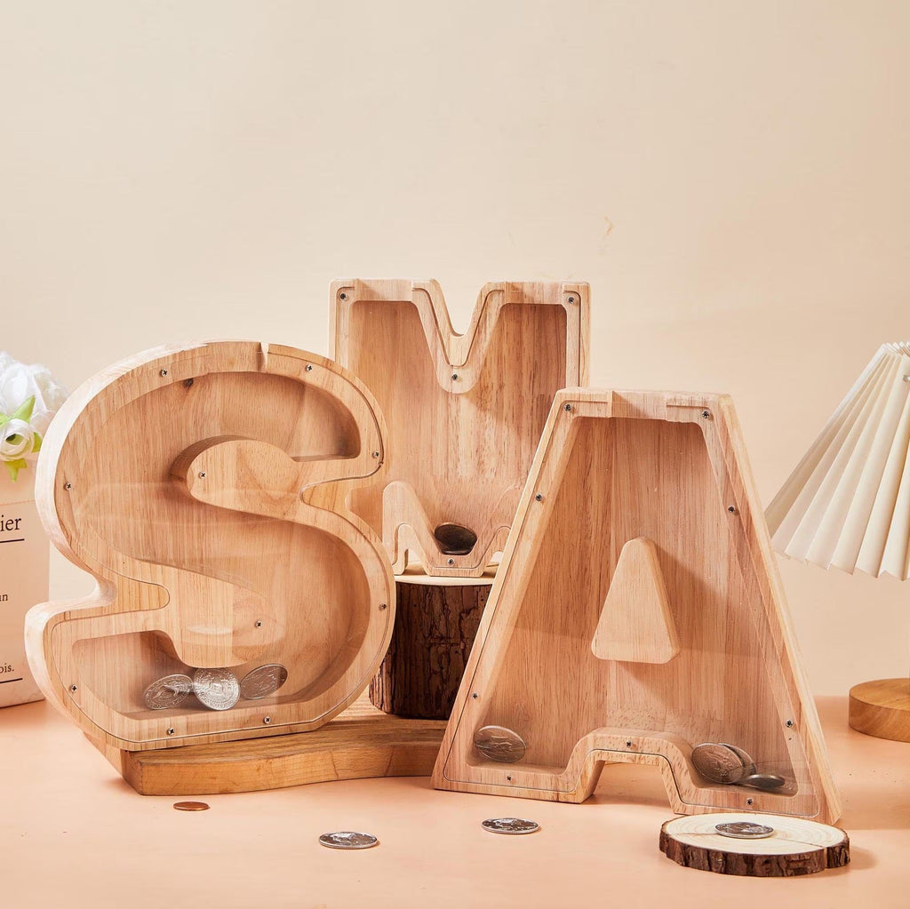 Personalized Large Wooden Kids Letter Piggy Bank, Wood Gift For Kids, Custom Name Coin Bank, Wood Alphabet Letter Bank Money Box Birthday