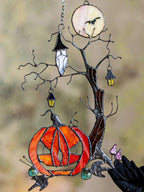 Pumpkin Mystical Tree Stained Glass Horror Picture Home Decor Halloween Spooky Owl Window Wall Hanging Witch gift.