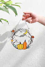 Stained Glass Halloween Wreath: Pumpkin, Moon, Bat Suncatcher