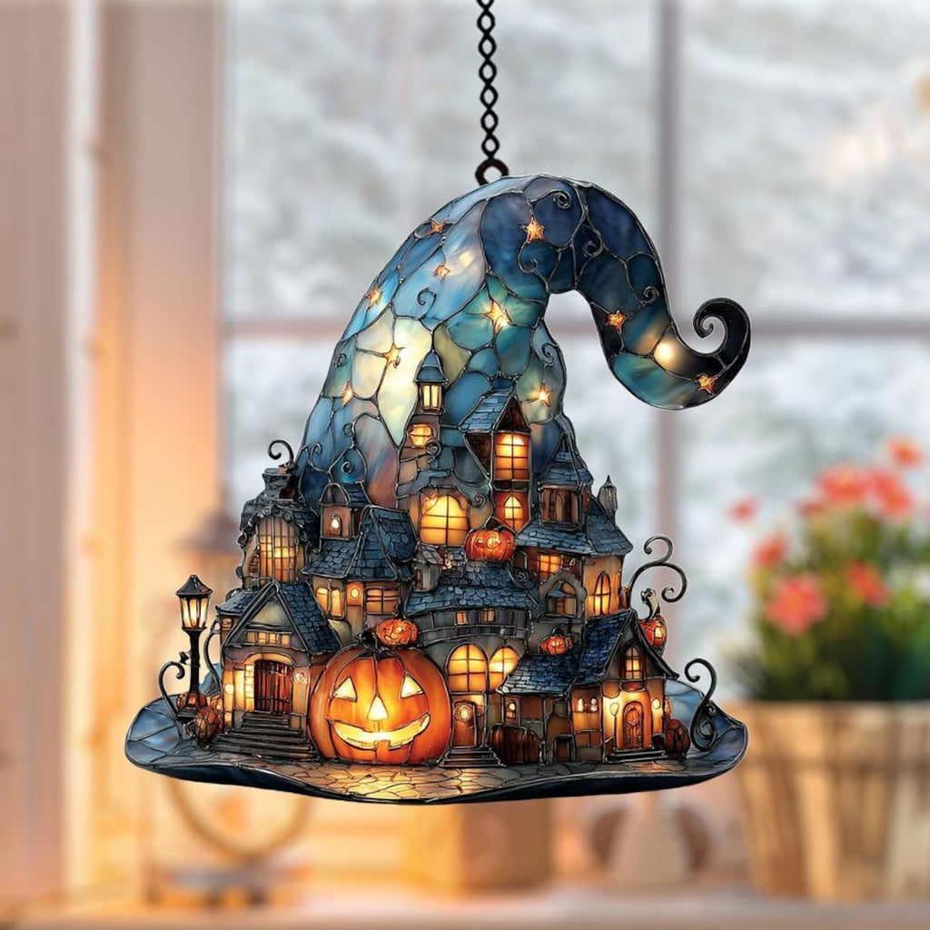 Witch Hat Village Acrylic Suncatcher, Halloween Town Faux Stained Glass Window Hanging, Spooky Home Decor for Halloween