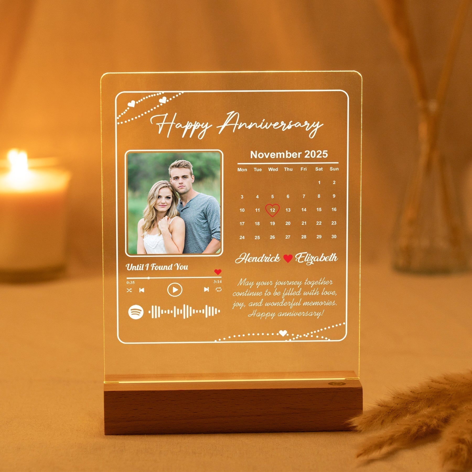 Custom Spotify Song Plaque with Calendar & Photo – Romantic Gift for Couples