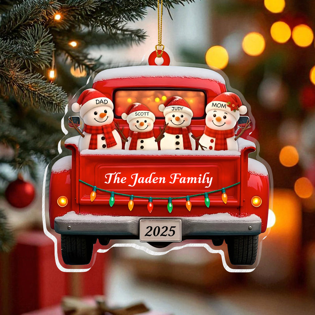 Personalized Snowman Family Christmas Ornament, Red Truck Christmas Ornament, Snowman Ornament, Custom Name Ornament, Baby First Christmas