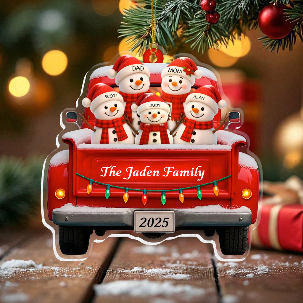 Personalized Snowman Family Christmas Ornament, Red Truck Christmas Ornament, Snowman Ornament, Custom Name Ornament, Baby First Christmas